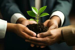 Geschäft Menschen halten Boden mit Pflanze. Zusammenarbeit erforderlich zu Wachstum von ein Leben Pflanze. ai generiert foto