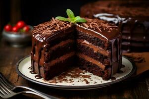 köstlich Schokolade Kuchen mit dunkel Schokolade Glasur foto
