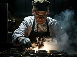 Koch im Hut und Brille vorbereiten Essen gegrillt im ein schwenken foto