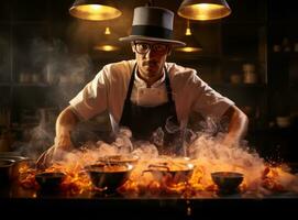 Koch im Hut und Brille vorbereiten Essen gegrillt im ein schwenken foto