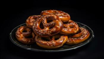 frisch gebacken Gourmet Krapfen, ein Süss Genuss auf ein schwarz Teller generiert durch ai foto