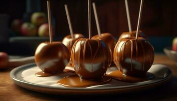 ein Teller von Gourmet Schokolade eingetaucht Obst auf ein hölzern Tabelle generiert durch ai foto