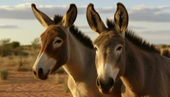 Esel und Pferd Weiden lassen im Wiese beim Sonnenuntergang, Natur Schönheit generiert durch ai foto