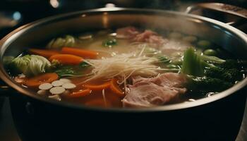 Frische und Gesundheit im ein Gourmet Vegetarier Suppe mit organisch Zutaten generiert durch ai foto
