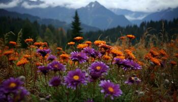 schön Wiese mit beschwingt Blumen im ein still Sommer- Landschaft generiert durch ai foto