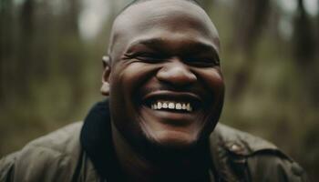 einer lächelnd afrikanisch Mann draußen, suchen beim Kamera mit Freude generiert durch ai foto