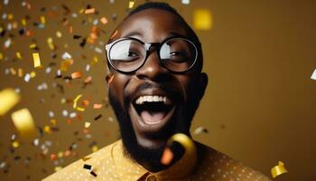 afrikanisch Geschäftsmann triumphiert, feiern Erfolg mit Konfetti, froh und zuversichtlich generiert durch ai foto