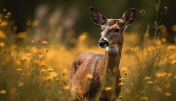 süß Hirsch Weiden lassen im Wiese, umgeben durch still Natur generiert durch ai foto