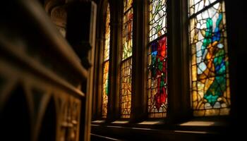 befleckt Glas Fenster leuchtet uralt Kapelle, präsentieren gotisch die Architektur generiert durch ai foto