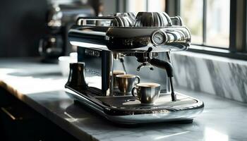 Barista Herstellung frisch Kaffee, Gießen schaumig trinken im Kaffee Geschäft generiert durch ai foto