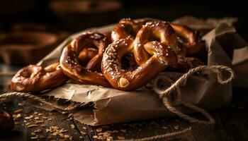 rustikal brot, frisch Brezel, knackig Snack, Gourmet Mahlzeit, gebacken Schweinefleisch generiert durch ai foto