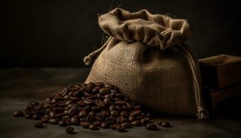 ein rustikal Sackleinen Sack hält frisch organisch Kaffee Bohnen generiert durch ai foto