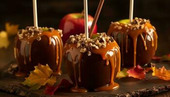 nachsichtig Schokolade Nachtisch, Herbst Frucht, Halloween Süssigkeit, karamellisiert Kürbis Snack generiert durch ai foto