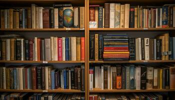 groß Sammlung von alt Bücher auf ein hölzern Bücherregal drinnen generiert durch ai foto