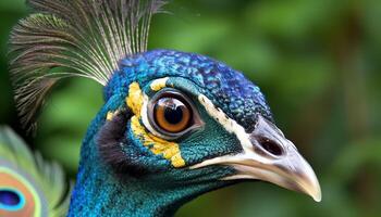 majestätisch Pfau Anzeigen beschwingt Farben im schließen oben Natur Porträt generiert durch ai foto