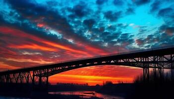 Silhouette von Mann gemacht Brücke spiegelt dramatisch Dämmerung Himmel Über Wasser generiert durch ai foto