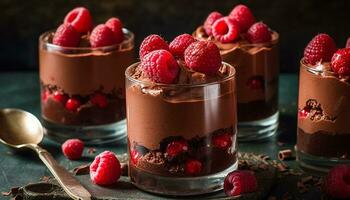 Himbeere Nachtisch, Gourmet Schokolade Mousse, frisch Erdbeere Genuss, hausgemacht Käsekuchen generiert durch ai foto