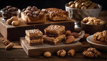 Gourmet Dessert Genuss im hausgemacht Schokolade Fudge auf ein hölzern Tabelle generiert durch ai foto