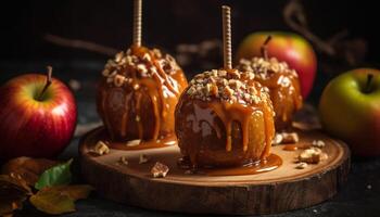 ein hausgemacht Apfel Dessert auf ein rustikal Holz Tabelle im Herbst generiert durch ai foto