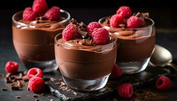 Himbeere Schokolade Nachtisch, Gourmet Obst Mousse, frisch hausgemacht Genuss generiert durch ai foto
