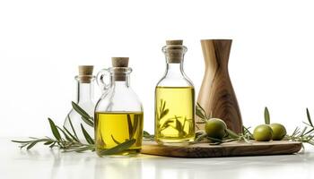frisch Grün Olive Öl im ein Glas Flasche, Natur gesund Würze generiert durch ai foto