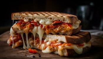 gegrillt Rindfleisch Sandwich mit geschmolzen Cheddar auf getoastet Brot generiert durch ai foto