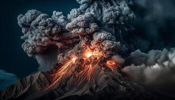 flammend Berg bricht aus, verschlingen Natur im destruktiv Inferno von Verschmutzung generiert durch ai foto