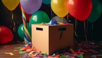 Geburtstag Feier mit Konfetti, Luftballons, und multi farbig Dekorationen generiert durch ai foto