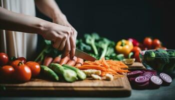 frisch Gemüse, gesund Mahlzeit, Schneiden Planke, Küche Messer, Vorbereitung, Salat generiert durch ai foto