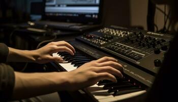 ein erfahren Musiker spielen Klavier, Mischen Klang im Aufzeichnung Studio generiert durch ai foto