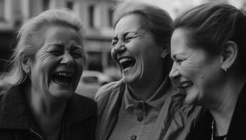 lächelnd Frauen im schwarz und Weiss, Glück draußen, heiter Freundschaft generiert durch ai foto