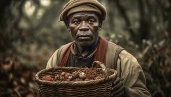 afrikanisch Farmer im traditionell Kleidung halten ein Korb von frisch Obst generiert durch ai foto