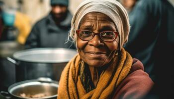 lächelnd Senior Frau Kochen, suchen beim Kamera, drinnen, schließen oben generiert durch ai foto