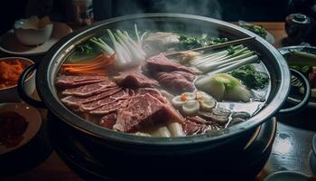 Frische und Hitze erstellen ein Gourmet Schweinefleisch Steak Sukiyaki Mahlzeit generiert durch ai foto