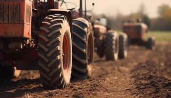 landwirtschaftlich Maschinen Pflügen Schmutz, Farmer Arbeiten draußen, Natur Wachstum generiert durch ai foto