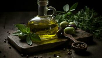 Frische und Natur im ein Flasche, gesund Essen mit Olive Öl generiert durch ai foto