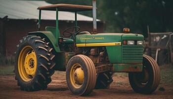 Bauern Arbeiten draußen, Ernte Pflanzen mit landwirtschaftlich Maschinen im Sommer- generiert durch ai foto