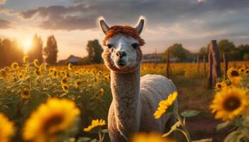 süß Alpaka Weiden lassen auf Grün Wiese, genießen das schön Sonnenuntergang generiert durch ai foto