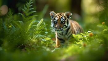 ein süß jung Tiger Gehen im das Wald, starren heftig generiert durch ai foto