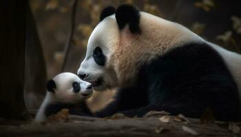 süß Riese Panda Essen Bambus im das wild, schwarz und Weiß generiert durch ai foto