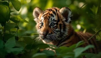 Tiger im das wild, gestreift Fell, starren, Schönheit im Natur generiert durch ai foto