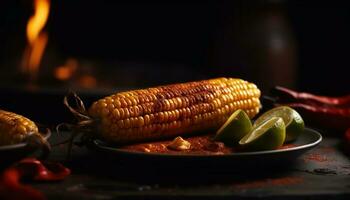 gegrillt Mais auf das Maiskolben, frisch Gemüse, und rauchig Grill generiert durch ai foto