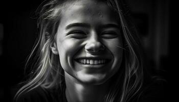 lächelnd Porträt von einer heiter Frau, schwarz und Weiß Schönheit generiert durch ai foto