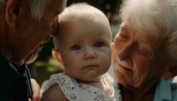 ein glücklich multi Generation Familie genießen das draußen, voll von Liebe generiert durch ai foto