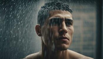 einer nass Mann suchen beim Kamera, mit nacktem Oberkörper, im das Regen generiert durch ai foto
