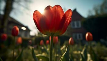 beschwingt Tulpe blühen im ein Wiese, Natur bunt Meisterstück generiert durch ai foto