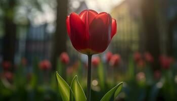 das beschwingt Tulpe blühen bringt Schönheit zu das Wiese Grün generiert durch ai foto