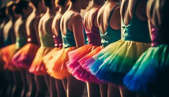 Frauen Tanzen im multi farbig Kleidung, durchführen Kunst Fall, drinnen generiert durch ai foto