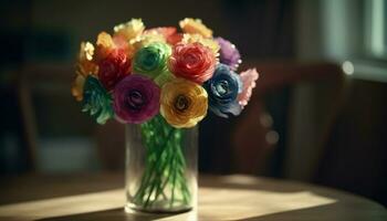 Vase auf Tabelle hält Blume Strauß, ein schön Dekoration generiert durch ai foto