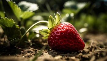 Frische und schließen oben von ein Erdbeere Blatt, Natur gesund Essen generiert durch ai foto